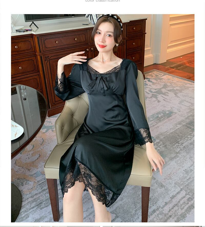 ワンピース 部屋着 寝巻き ナイトウェア 膝下 袖あり 7分袖 七分袖 V