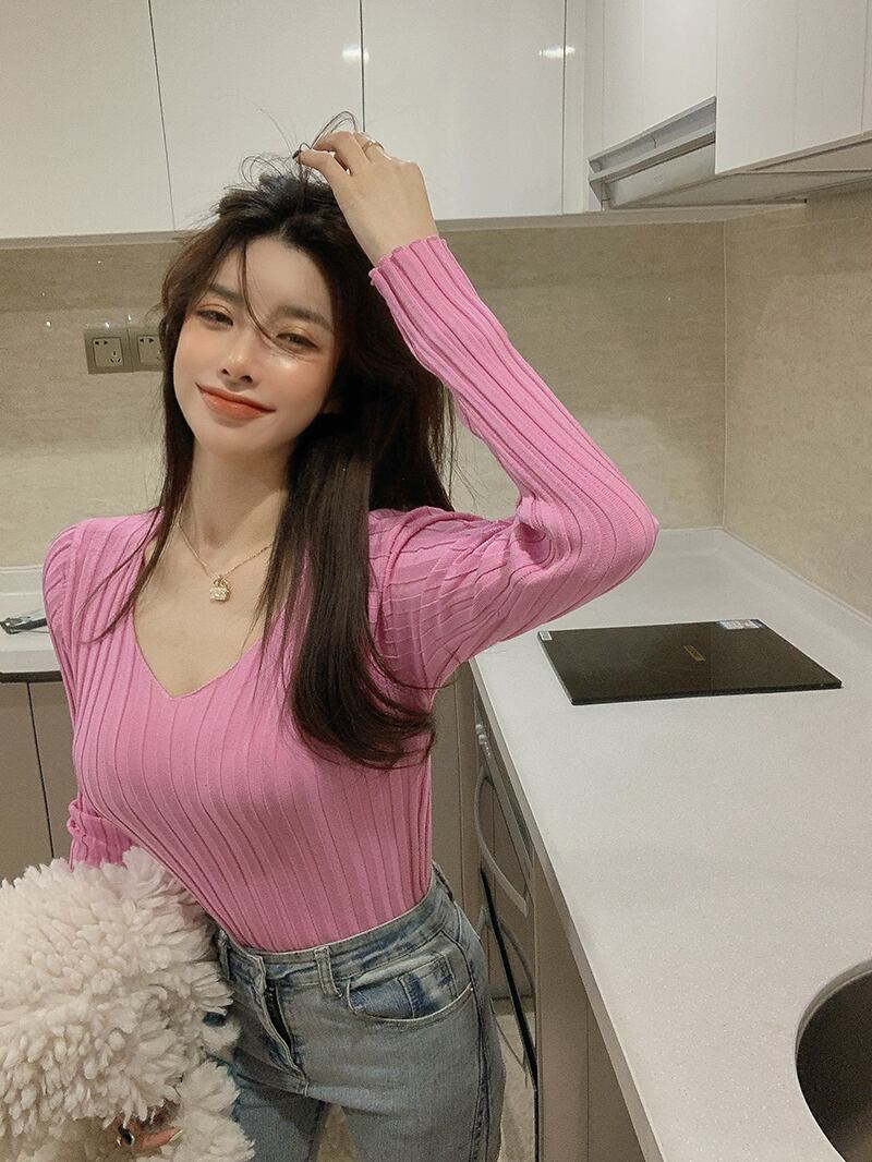 ニットシャツ Vネックセーター スプリングトップス ロング 春物 ブラックストロベリース74333997428