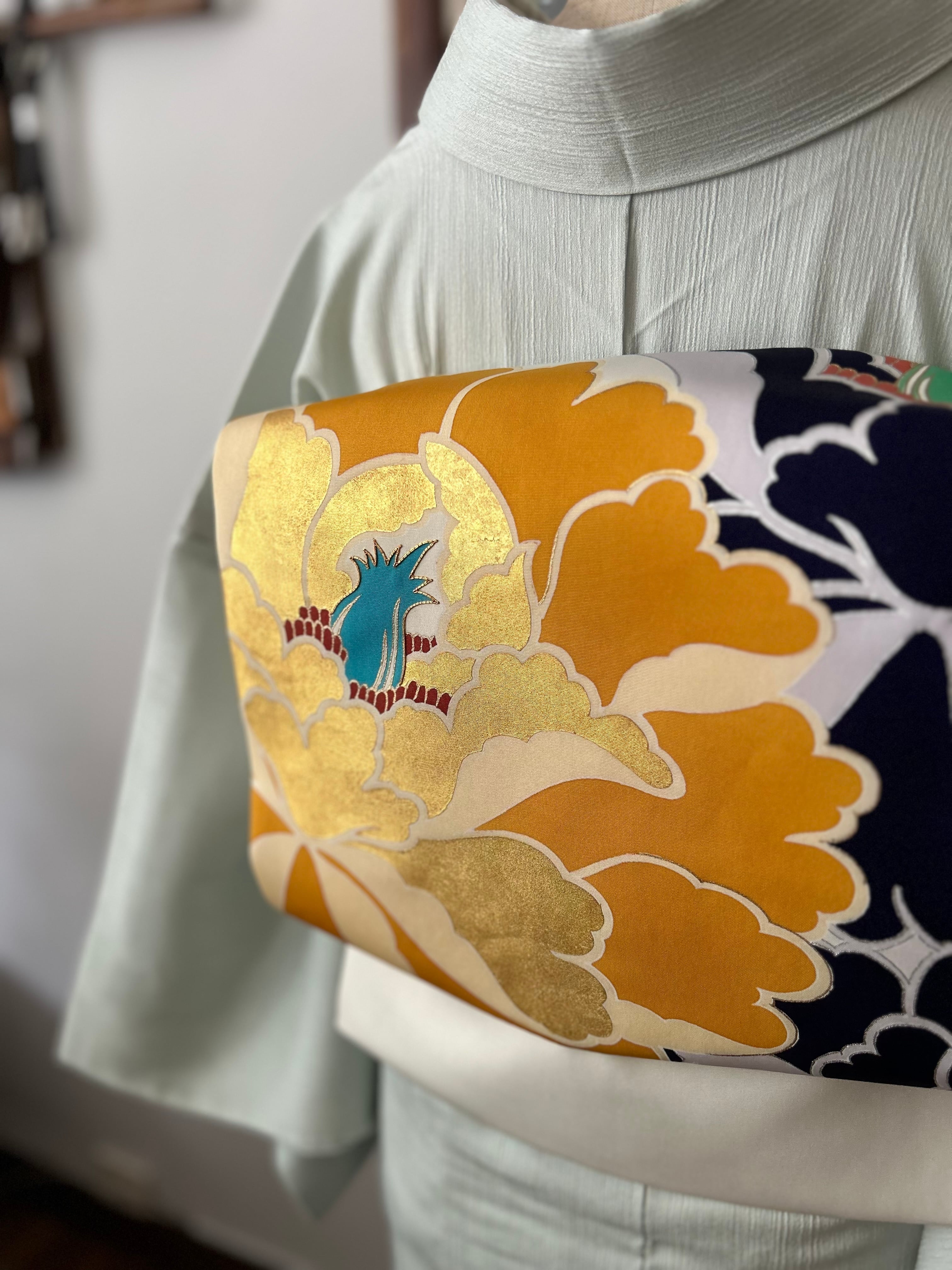 014w 凄く 着物 花模様 塩瀬 名古屋帯 たたき染 