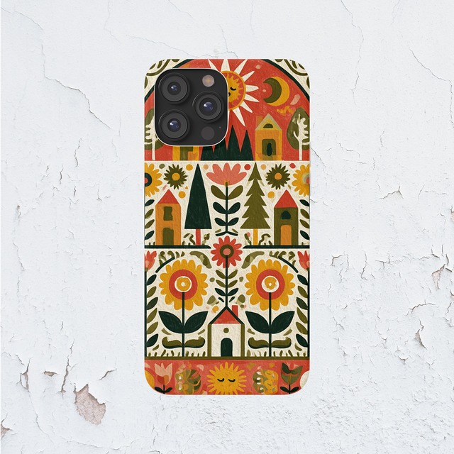 受注生産 iPhoneケース 幾何学と花の民芸パネル柄｜フォークアート PSYF056B