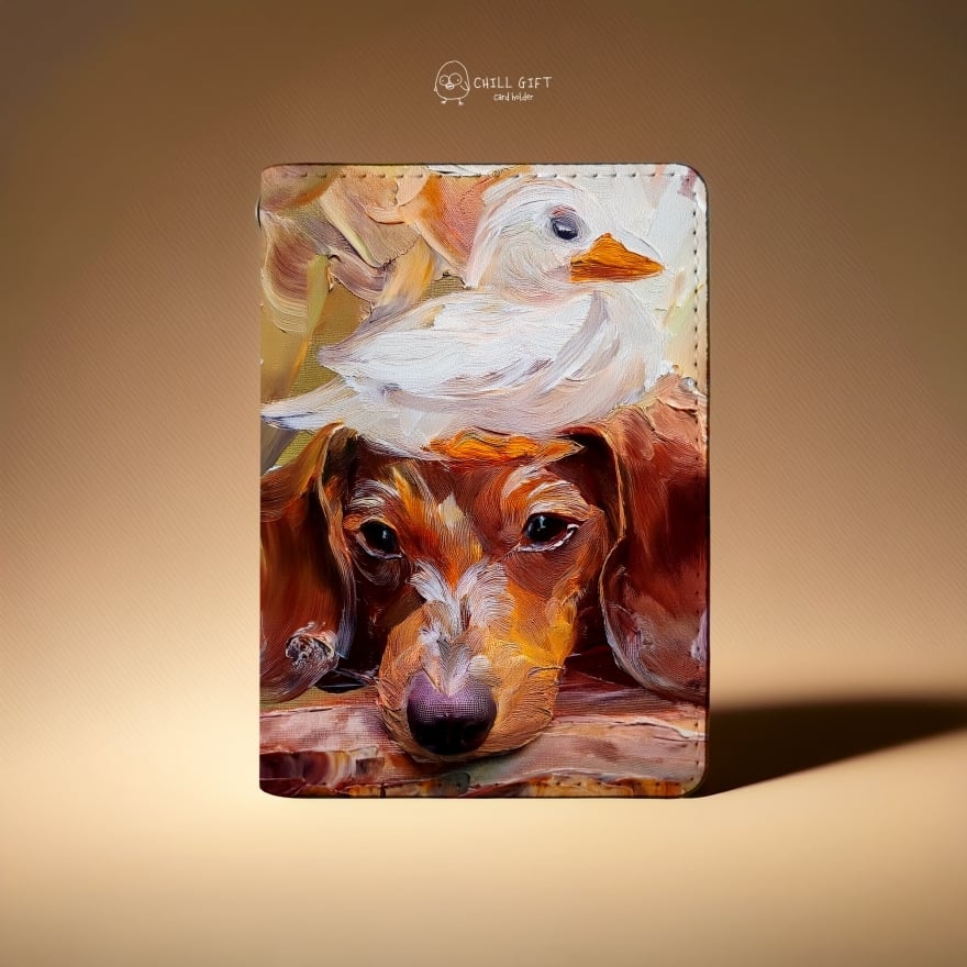 手のひらの中の絵画展~ダックスフントとダック~ 二つ折りパスケース 定期入れ テクスチャ―アート