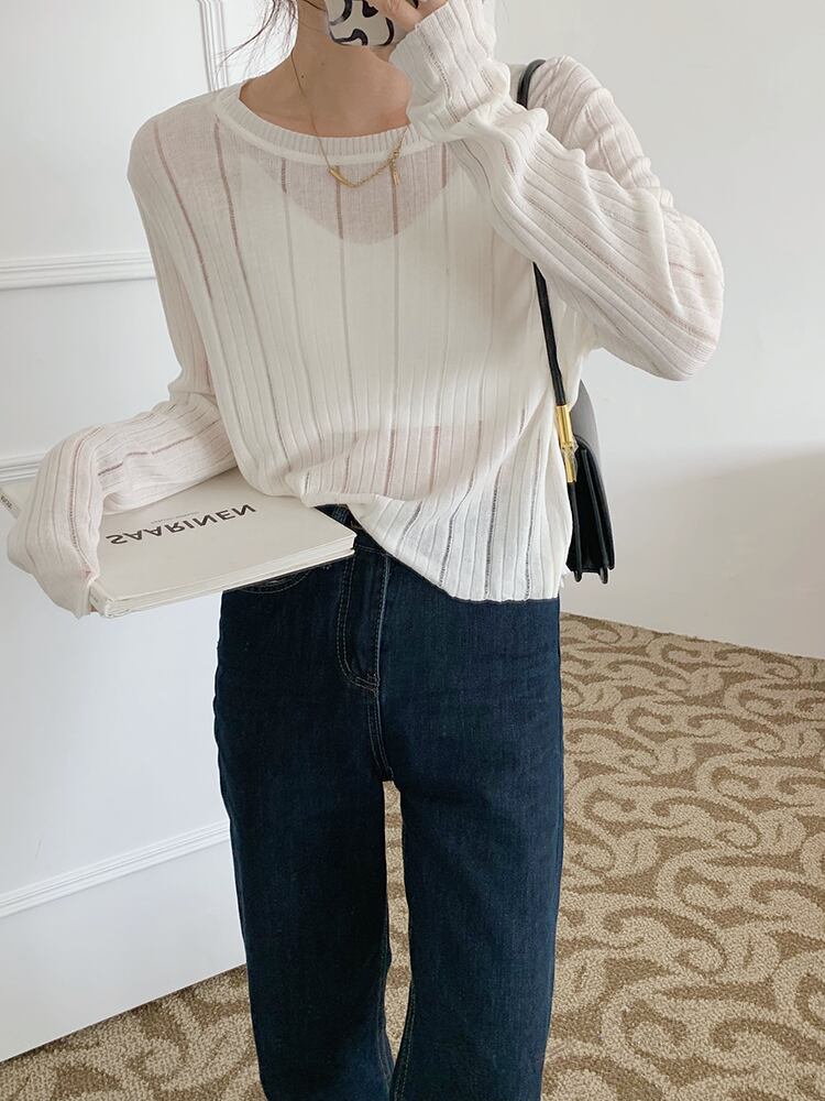 ニット オータムルーズ薄手長袖スリーブラウンドネックソリッド カラートップス ロング 秋物 Oネック ソリッドカラー ビッグFスモールZ韓国7926100247