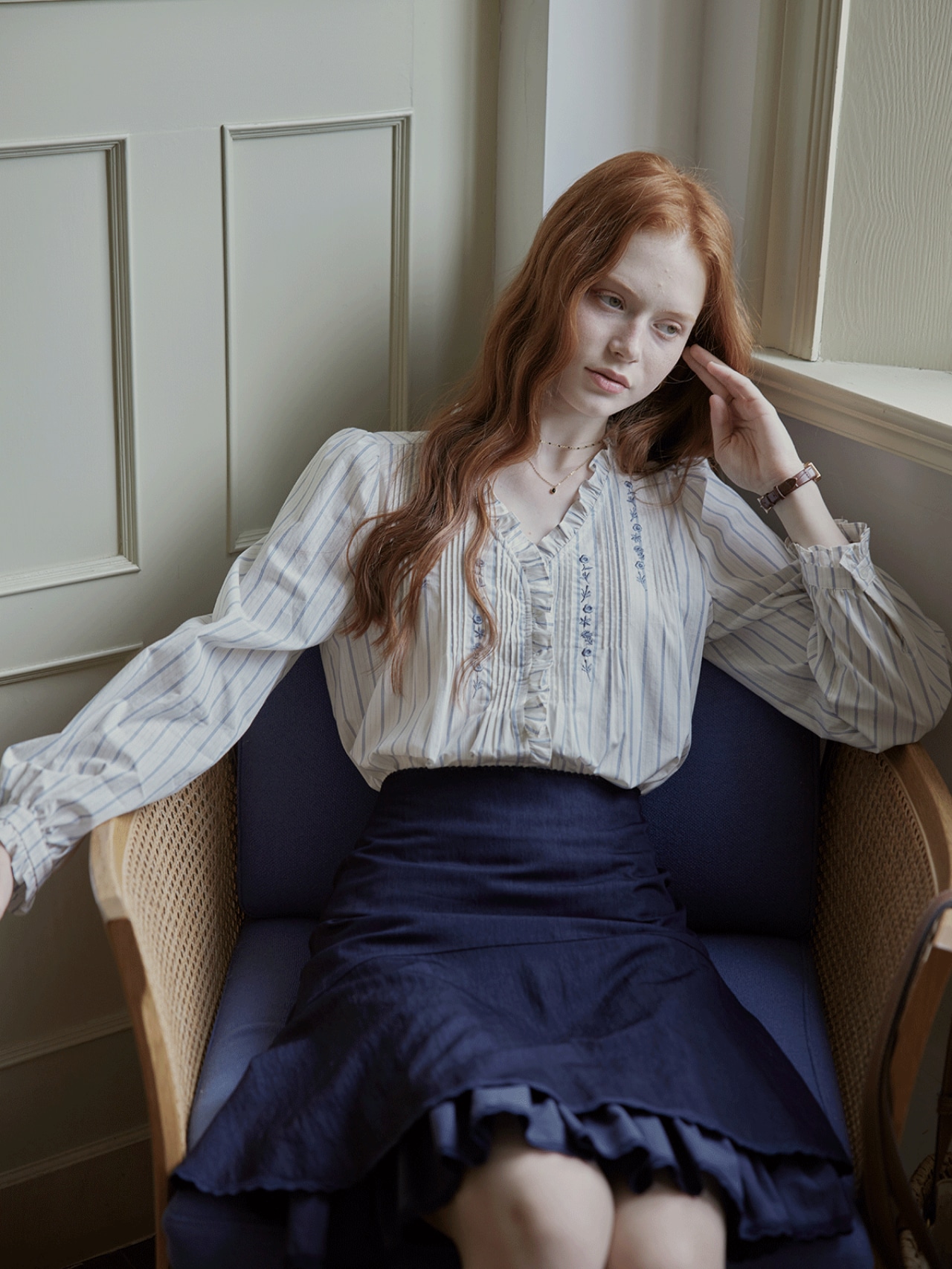 Poésie Bleue Embroidered Ruffle Blouse F0785