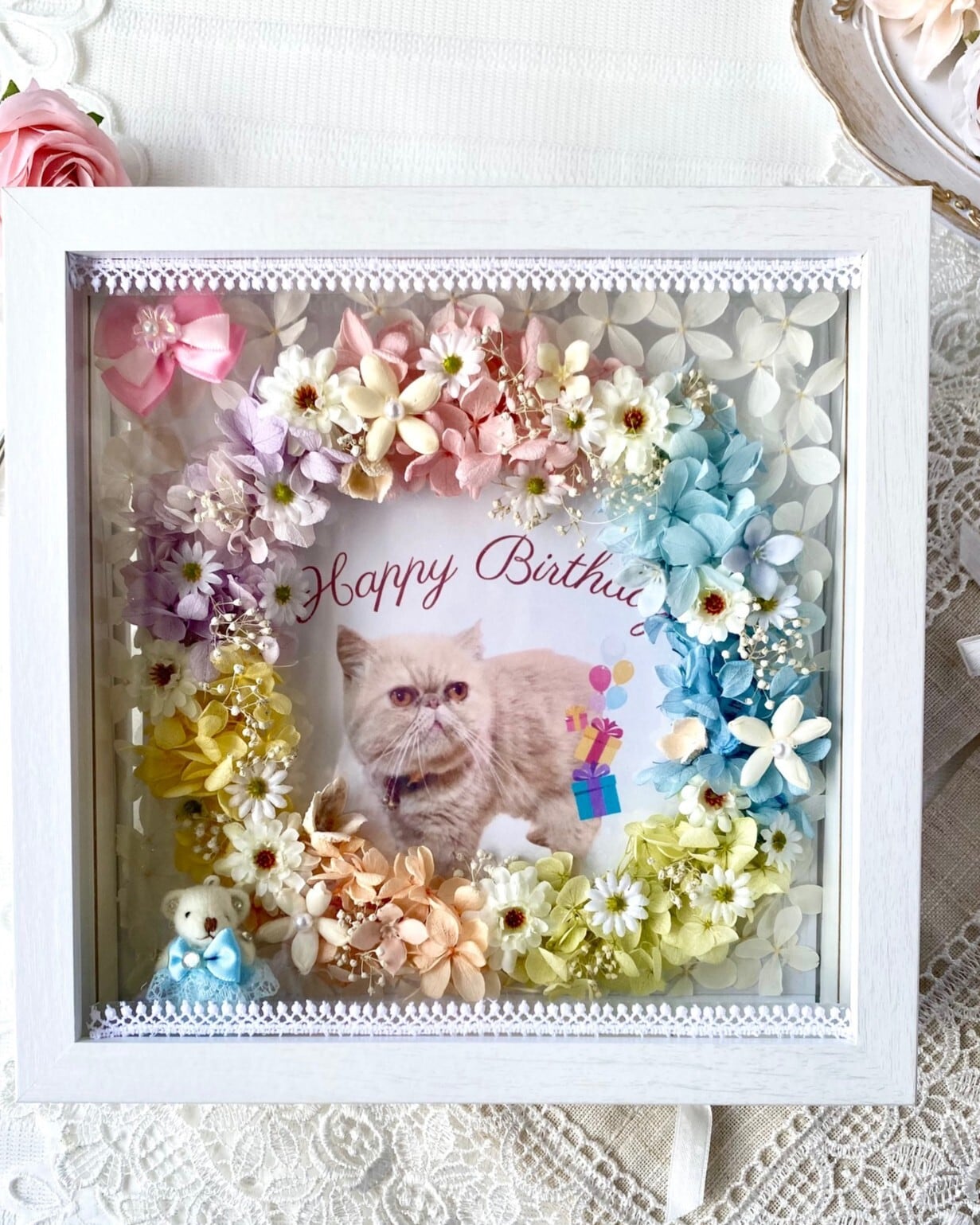 うちの子フラワーフレーム【PE-603】縦横15cm│ペットメモリアル│お祝いギフト|木枠両面ガラスフレーム| メッセージ入り|バレンタイン│記念日│誕生日に