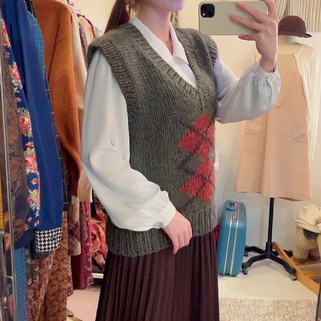 green argyle hand knit vest