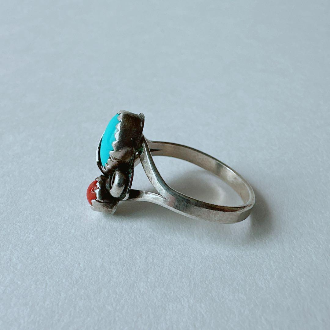 J224】ヴィンテージ ナバホ族 ターコイズ コーラル リング 11号