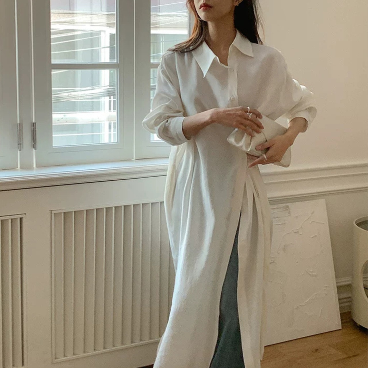アシンメトリー タックロングシャツ 変形タック スリット入り 00278・画像4