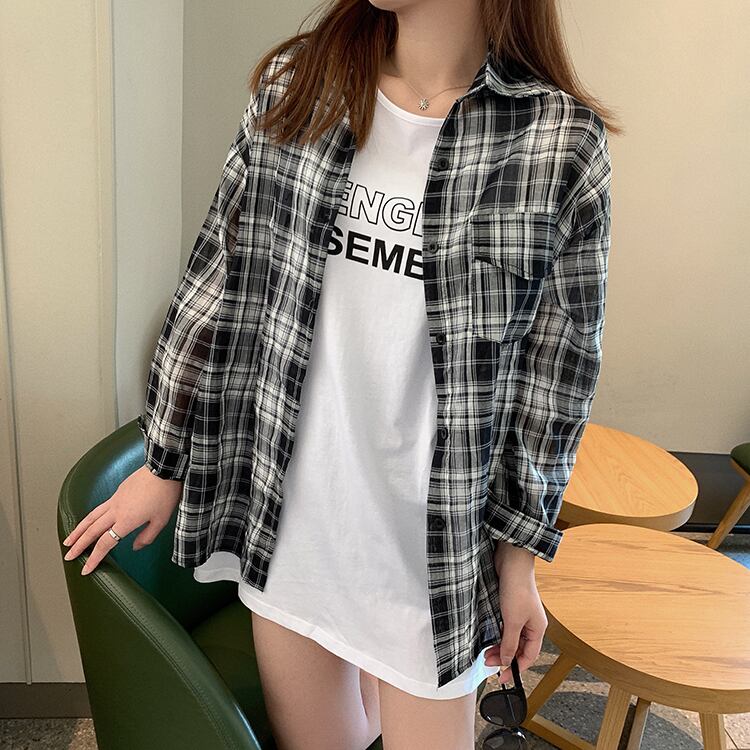 スタイルブラックホワイト格子柄シャツ サマー ロング 夏物 女性の服装 