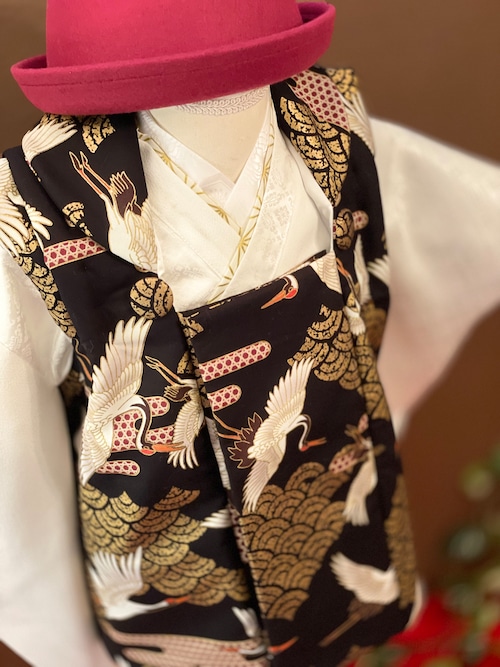 【予約商品】背守り-鶴と青海波被布　菱紋アシンメトリー二部式着物　3歳被布＆キモノセット
