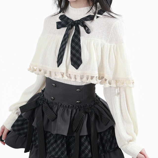 量産型 サブカル系 ガーリー ニット トップス 参戦服 【フリル タッセル 白】