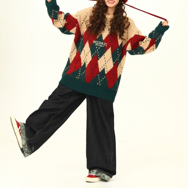 レトロアーガイルルーズニットプルオーバー   R01300