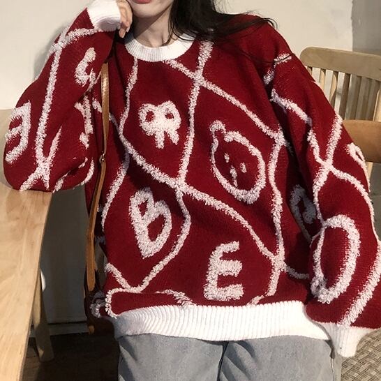 トップス レディース セーター ニット クリスマス ベアー くま ニットソー プルオーバー 長袖 ラウンドネック ノルディック 総柄 熊 クリスマスカラー レトロ トレンド ゆったり オーバーサイズ 大きめ ドロップショルダー 体型カバー あったか 着痩せ 厚手 ルーズ 大人可愛い 大人女子 カジュアル ガーリー 韓国 送料無料 おしゃれ お買い物 ママ 春 秋 冬 お出かけ おさんぽ デート 女子会 通学 学生 普段着 普段使い 休日 リラックスウェア フリーサイズ 10代 20代 30代 40代