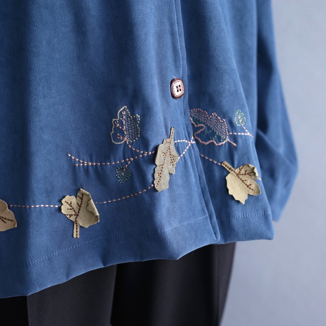 leaf embroidery and patchwork fake suede shirt jacket 