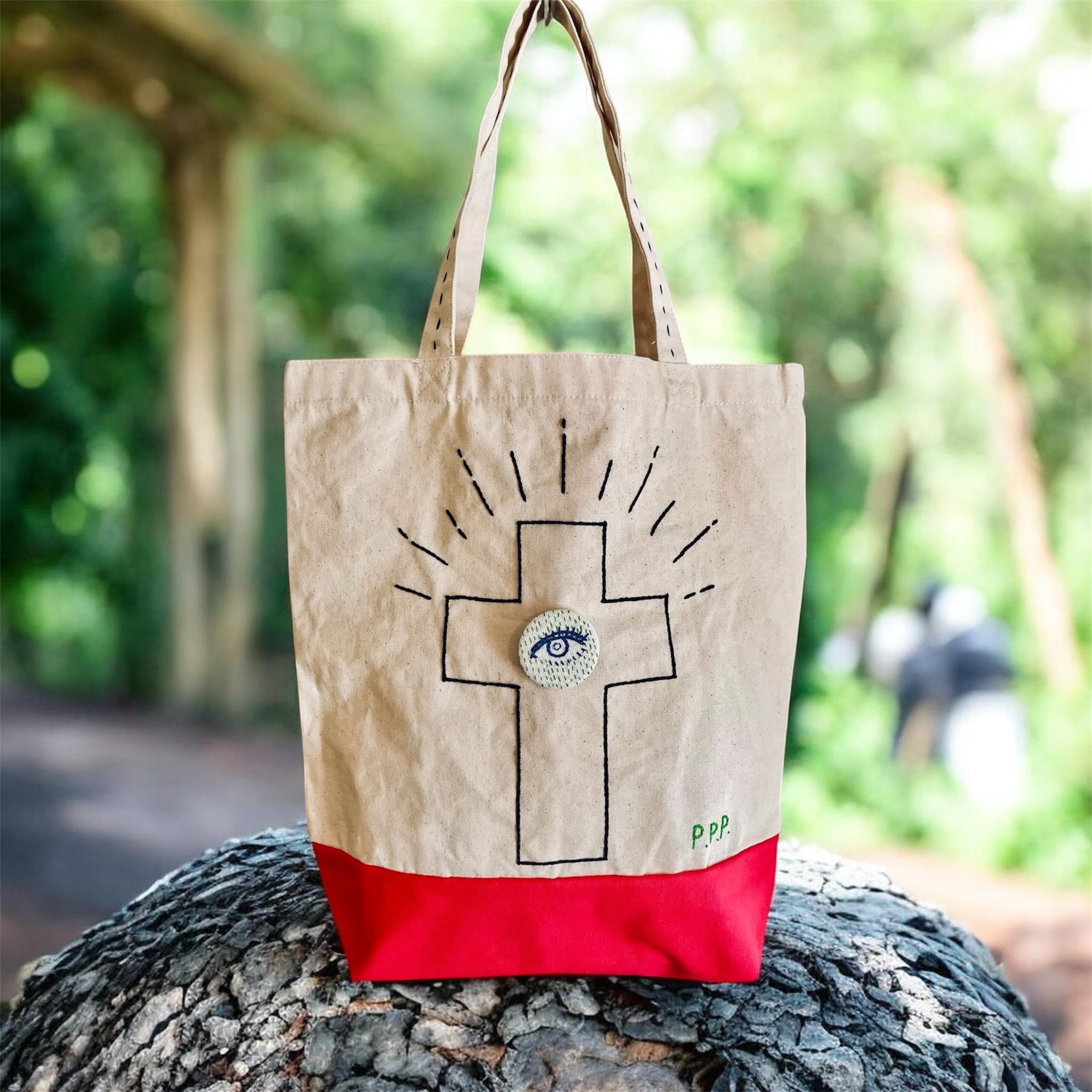 缶バッジ付 メッセージアート刺繍エコバッグ～Message Art Embroidered