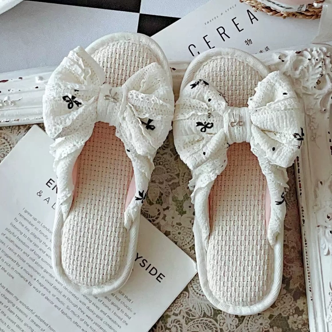 【23.0cm~25.5cm】lace big ribbon room slippers p1717