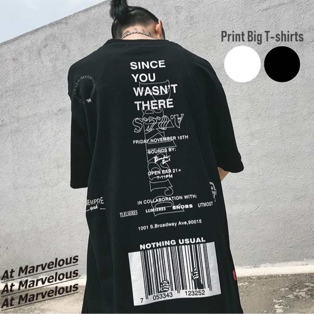 メンズ バックプリント Tシャツ ストリート系 バーコード プリントTシャツ ビッグT 半袖 トップ