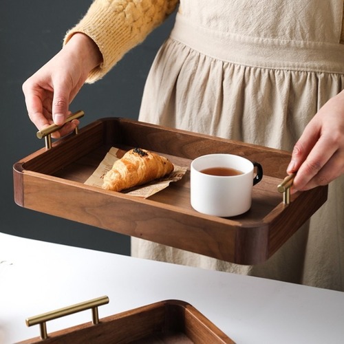 ウォールナット材 木製トレー サービングトレー 真鍮ハンドル カフェトレー ティートレー 天然木 おしゃれ 北欧 モダン
