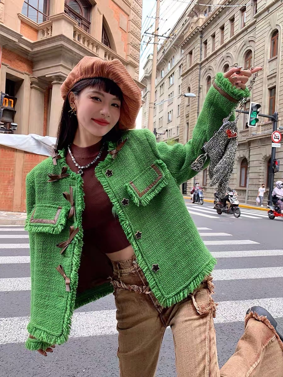 緑 チェック ツイード リボン 茶色 ジャケット アウター コート