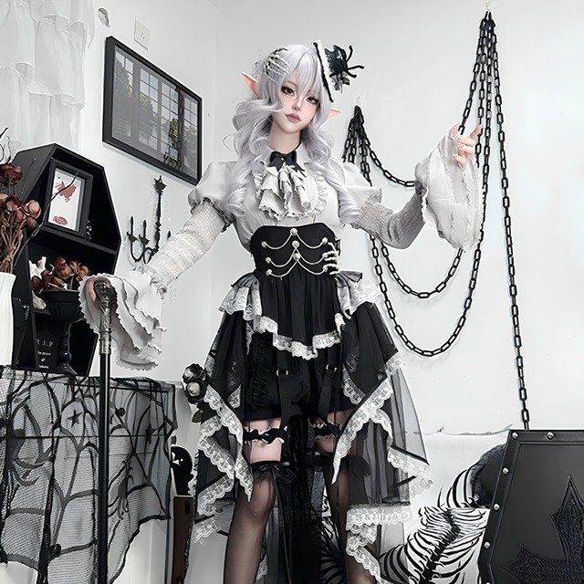 退廃の黒天使 ゴスロリ姫袖レースアシンメトリーロリータセットアップ