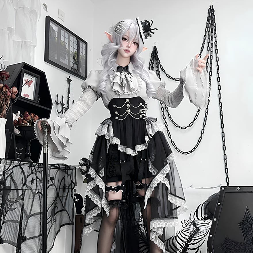 レア！　懐古ロリィタ　白黒柄コート　ロリータ　ゴスロリ　日本製 退廃の黒天使 ゴスロリ姫袖レースアシンメトリーロリータセットアップ