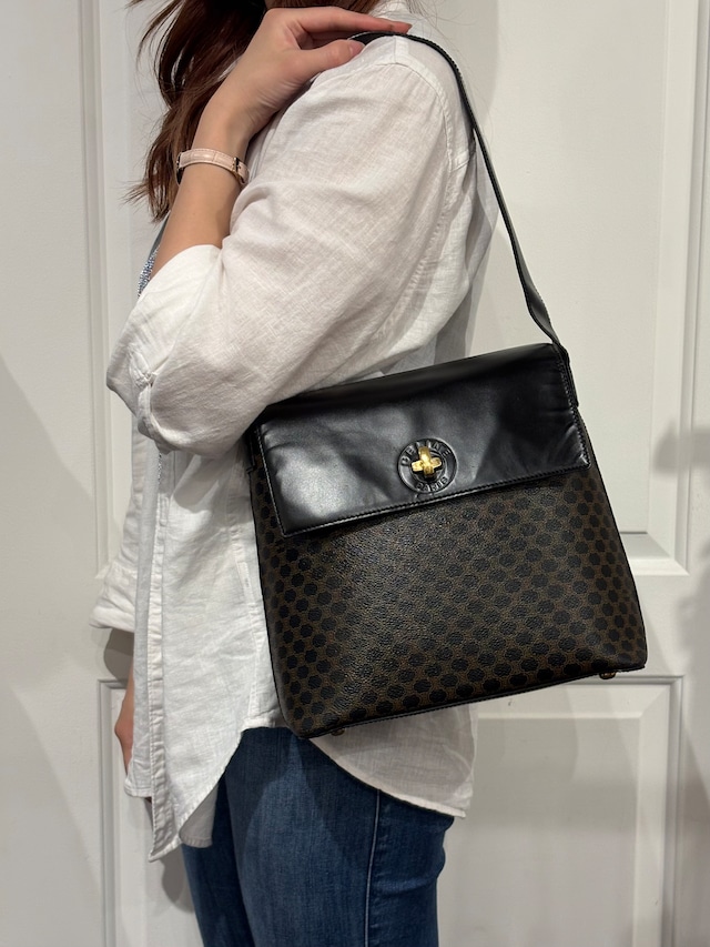 CELINE / vintage macadam black leather shoulder bag.