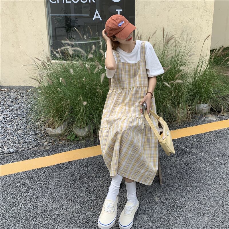 ジャンパースカート チェック柄 レトロ ガーリー ふんわり ティアード カジュアル 大人可愛い 韓国ファッション Luluca 韓国トレンド ファッションluluca ルルカ