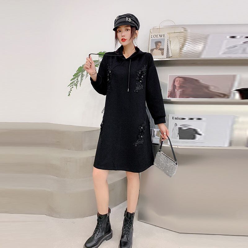 プラスサイズの女性の2020年秋の新しい太った姉妹mm痩身腹フード付き明るいダイヤモンドファッションミドル丈ドレス ミックスインファッション73306711223