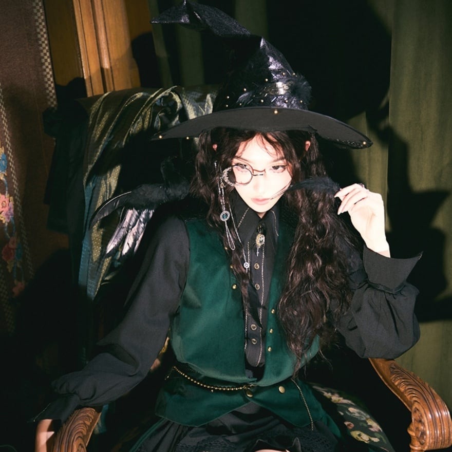 ロリータファッション ゴスロリ羽根飾り合皮とんがり魔女帽子