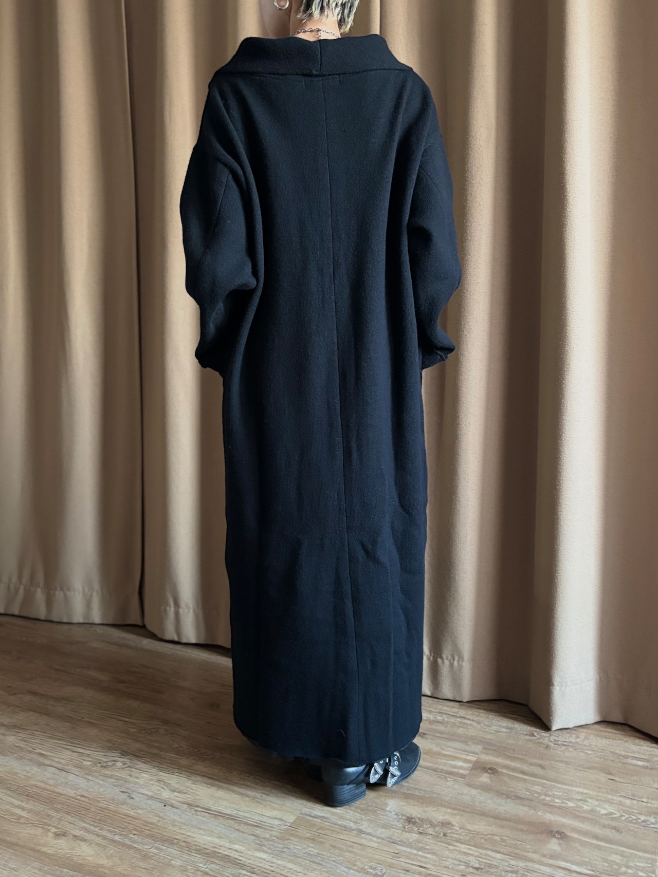 mode black big collar wool knit coat-5089-12