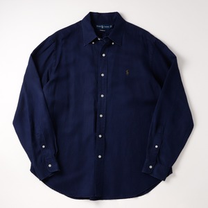 【極美品】80s Ralph Lauren special linen silk shirt navy big size "CLASSIC FIT"  ／ ラルフローレン スペシャル リネン シルク シャツ  ネイビー 長袖 ビッグサイズ L