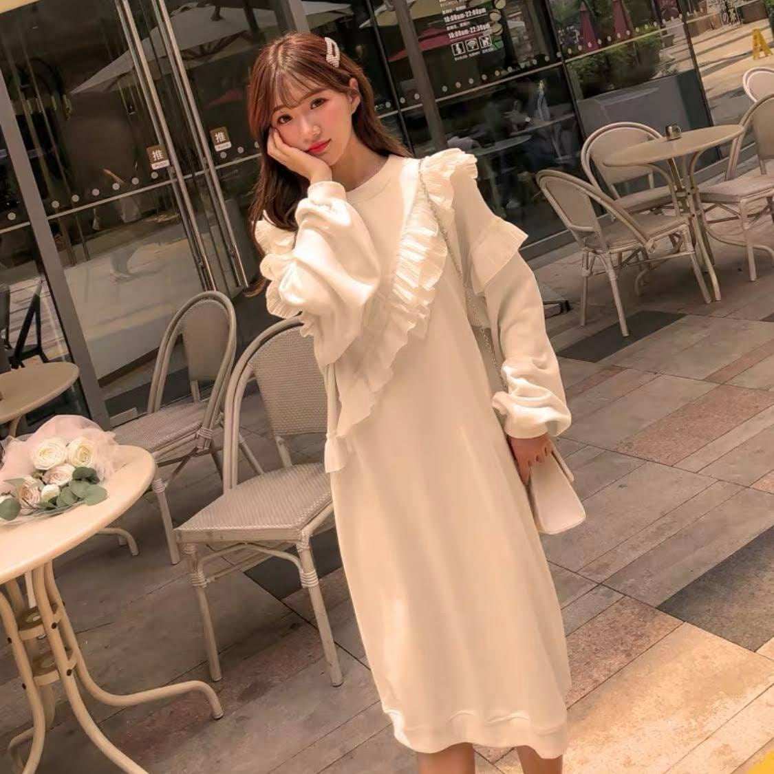 ACYM 胸元フリル ロングワンピース 胸元＆袖フリル ロングワンピース 全2色 | LILIANA