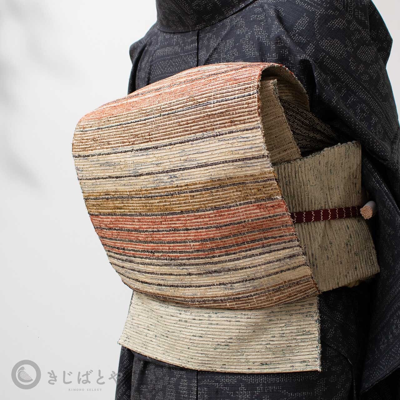 正絹紬 虹色縞の織り八寸なごや