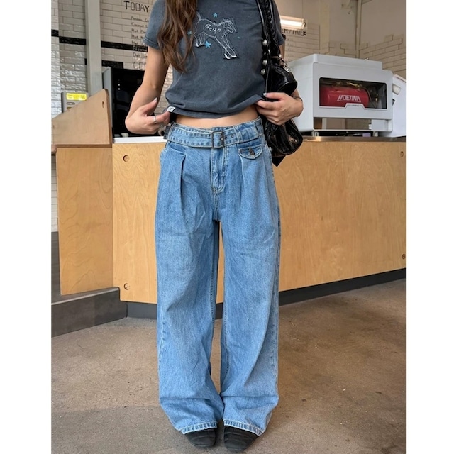ベルテッドタックフラップポケットワイドデニムパンツ 1col R02448