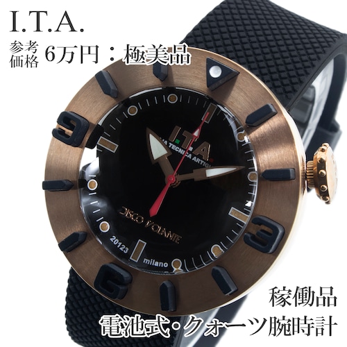 稼働品 送料無料 I.T.A. アイティーエー 腕時計 クォーツ メンズ ディスコボランテ 黒 ピンクゴールド 立体インデックス カジュアル Q283
