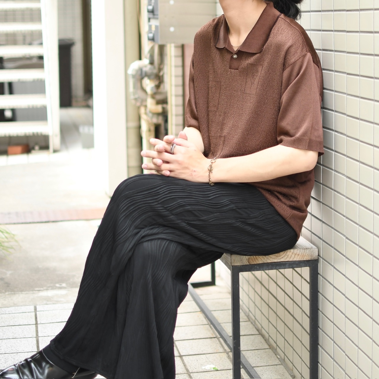 design wave pleats wide pants black