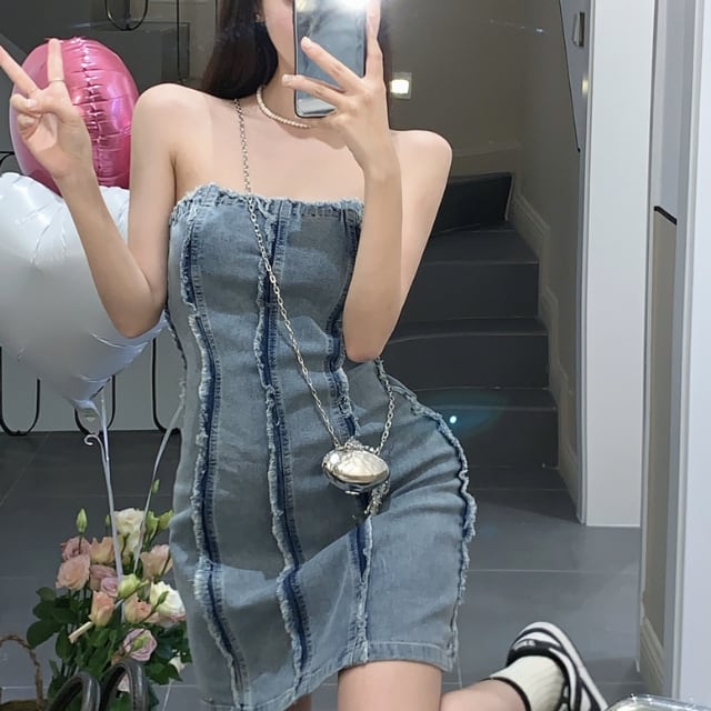 予約販売】ベアトップワンピース レディース デニム ミニワンピース 細