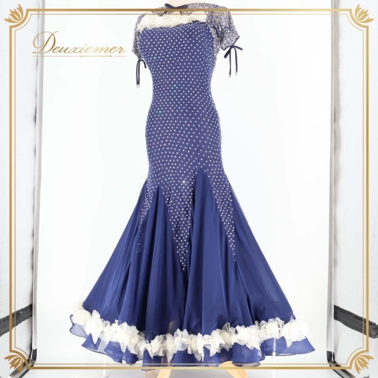 社交ダンス 衣装 タカダンス TAKADANCE スタンダードドレス ワンピース ドレス ネイビー 紺 デモ 競技 フリル レース 上品 かわいい 白 ネイビー系 大人 レディース ドレスアップ おしゃれ パーティ フェミニン