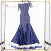 社交ダンス 衣装 タカダンス TAKADANCE スタンダードドレス ワンピース ドレス ネイビー 紺 デモ 競技 フリル レース 上品 かわいい 白 ネイビー系 大人 レディース ドレスアップ おしゃれ パーティ フェミニン