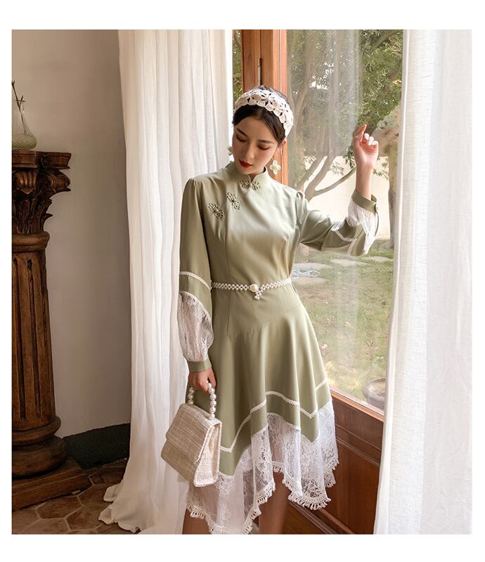 チャイナ風ワンピース カジュアルワンピース 改良型チャイナドレス 改良唐装 改良漢服 チャイナ風服 中華服 S M L Ll 着痩せ 女子会 同窓会 エレガント 切り替え ハイウエスト レディースファション グリーン 緑 気質アップ Dresszone