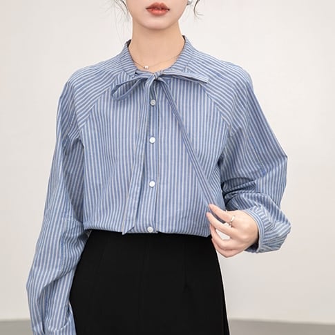 Striped Bow Tie Long Sleeve Blouse TO0922