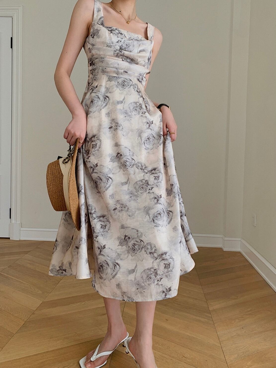 square neck flower retro dress.3107