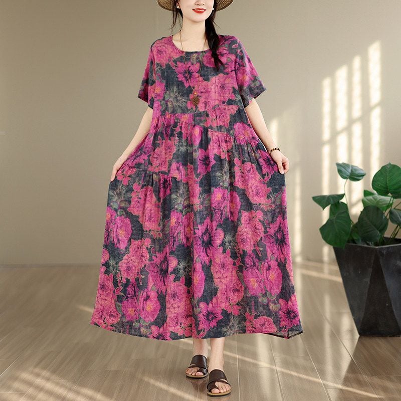 PRINT LINEN SHORT SLEEVE LOOSE MAXI DRESS M-17984