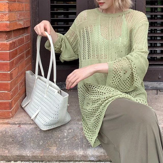 【クルーネック透かし編みニットソー】P02114