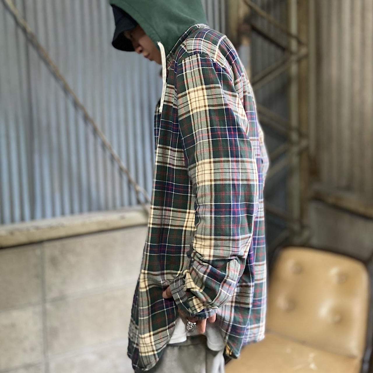 Polo By Ralph Lauren ポロバイラルフローレン フード付き 長袖 フランネル チェックシャツ メンズ Xl相当 古着 ビッグシャツ ボタンダウンシャツ ライトネルシャツ グリーン系 緑色 長袖シャツ Cave 古着屋 公式 古着通販サイト