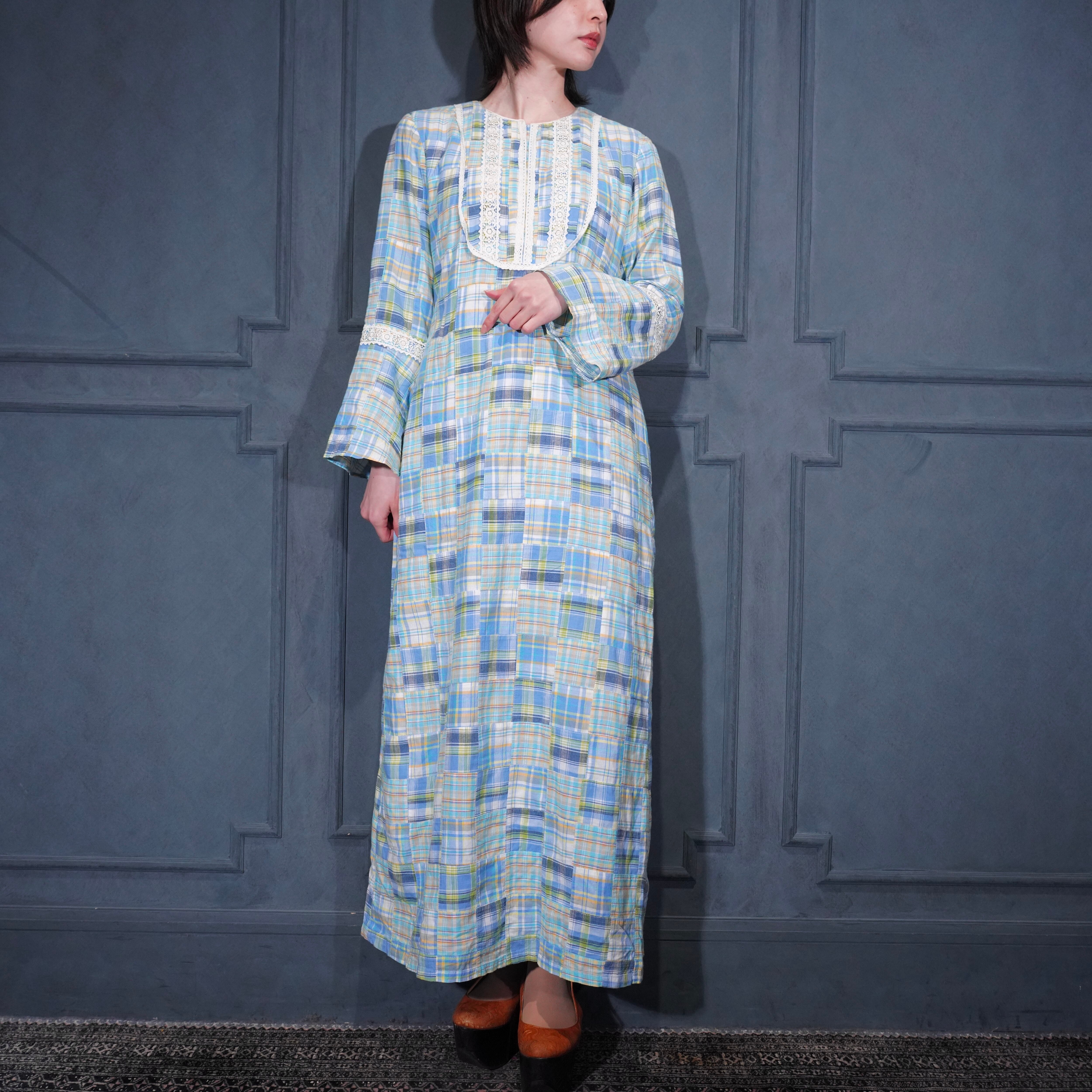 70's USA VINTAGE LACE DESIGN PATCHWORK COTTON DRESS ONE