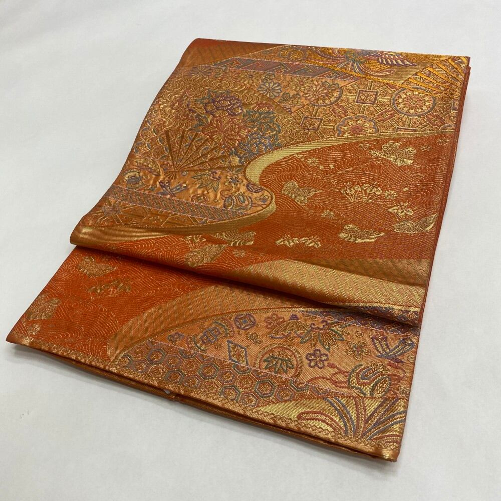 中古 礼装袋帯 正絹 連続模様 六通柄 オレンジ Bランク 415cm 5944