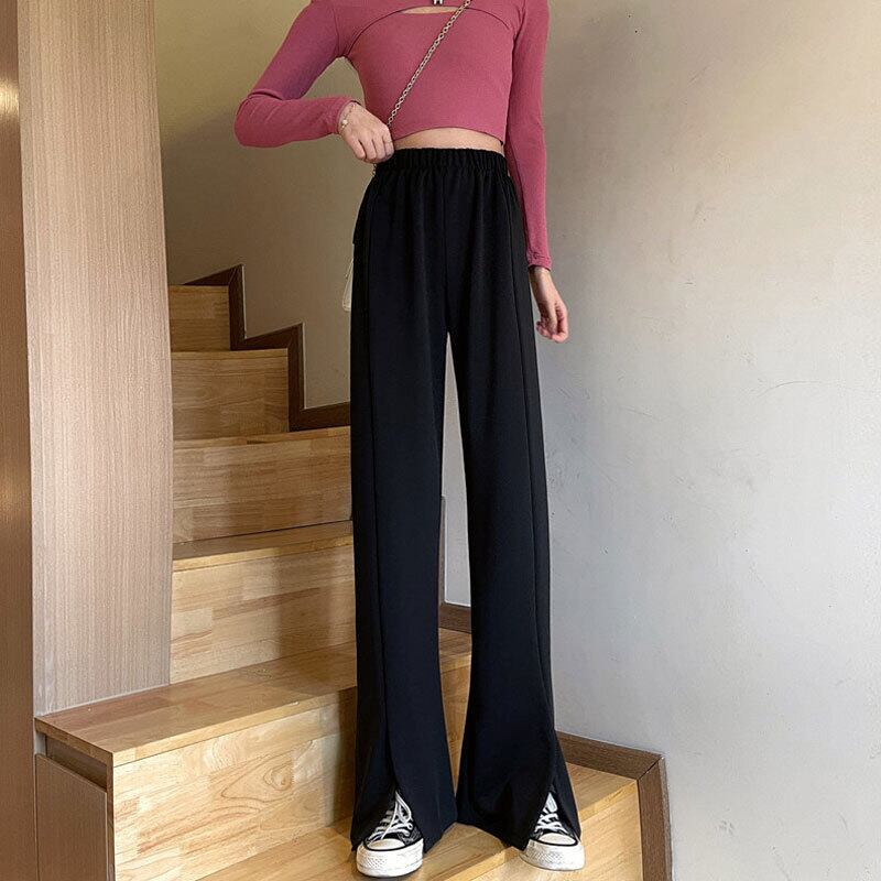 パンツ カジュアルスプリングブラックハイウェストウェストスタンダードスリット薄手 レトロ かわいい 春物 萌量不足48601163889