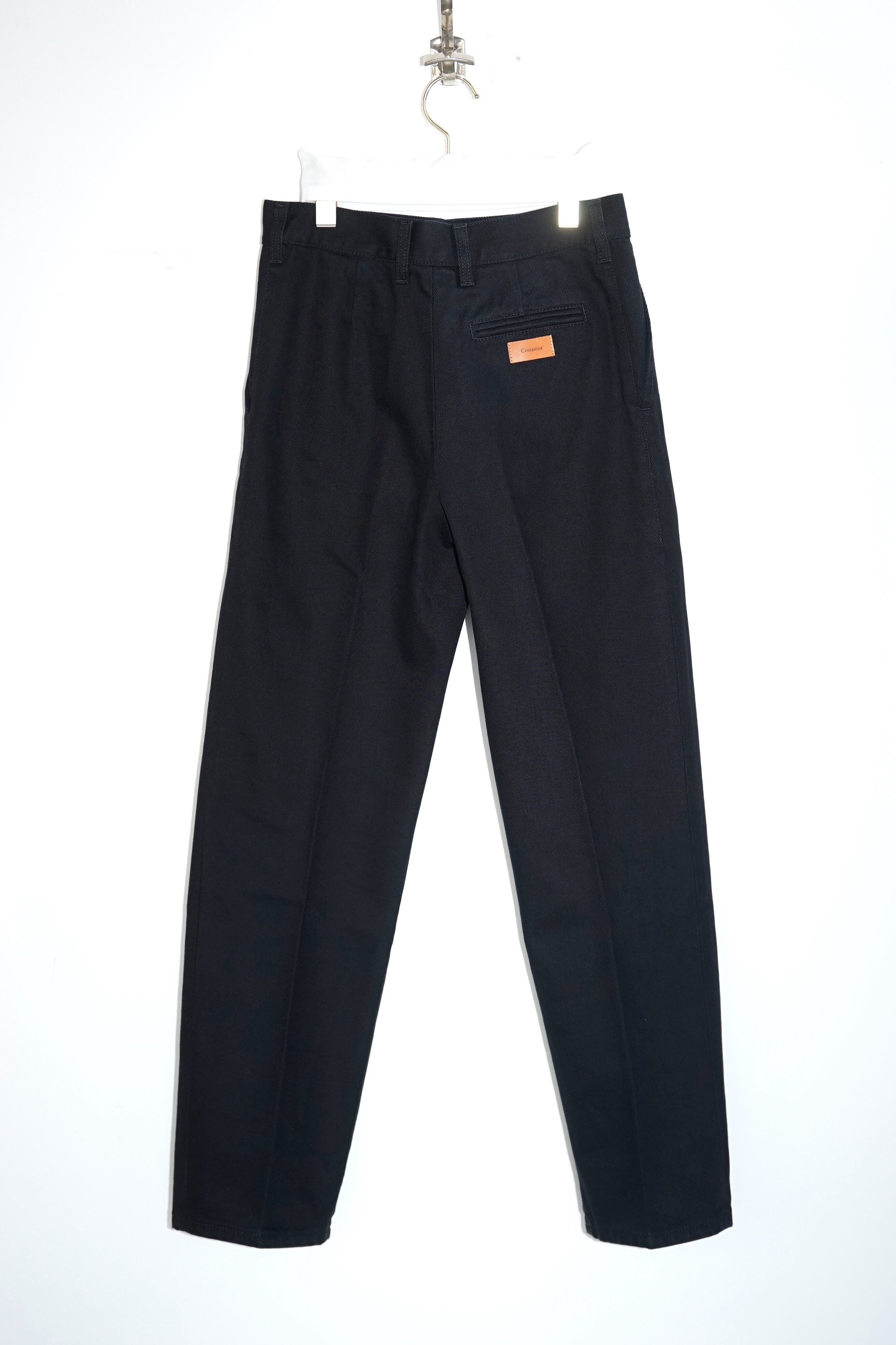 Cristaseya - BLACK DENIM PLEATED TROUSERS | EMA