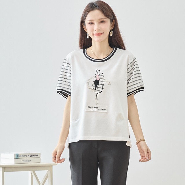 TRUBE レディースイラストボーダー袖Tシャツ【M~L】ホワイト