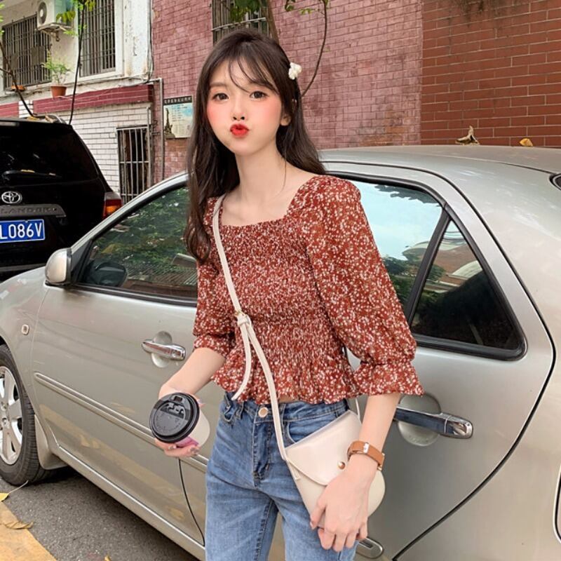 スリムスリミングスクエアネックシフォンシャツレディース2020初春新作気質オールマッチフローラルショートトップ 1号婦人92424027560